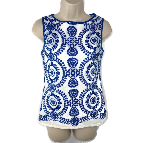 Jude Connally Tops - Jude Connally Blue Embroidered White Tank Top XS Perfect Condition